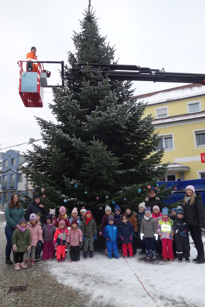 Wir hängen unsere selbst gebastelten Kugeln an den Baum am Marktplatz. Bürgermeister Hr. Teplitzky und einige Stadtmitarbeiter helfen uns dabei.